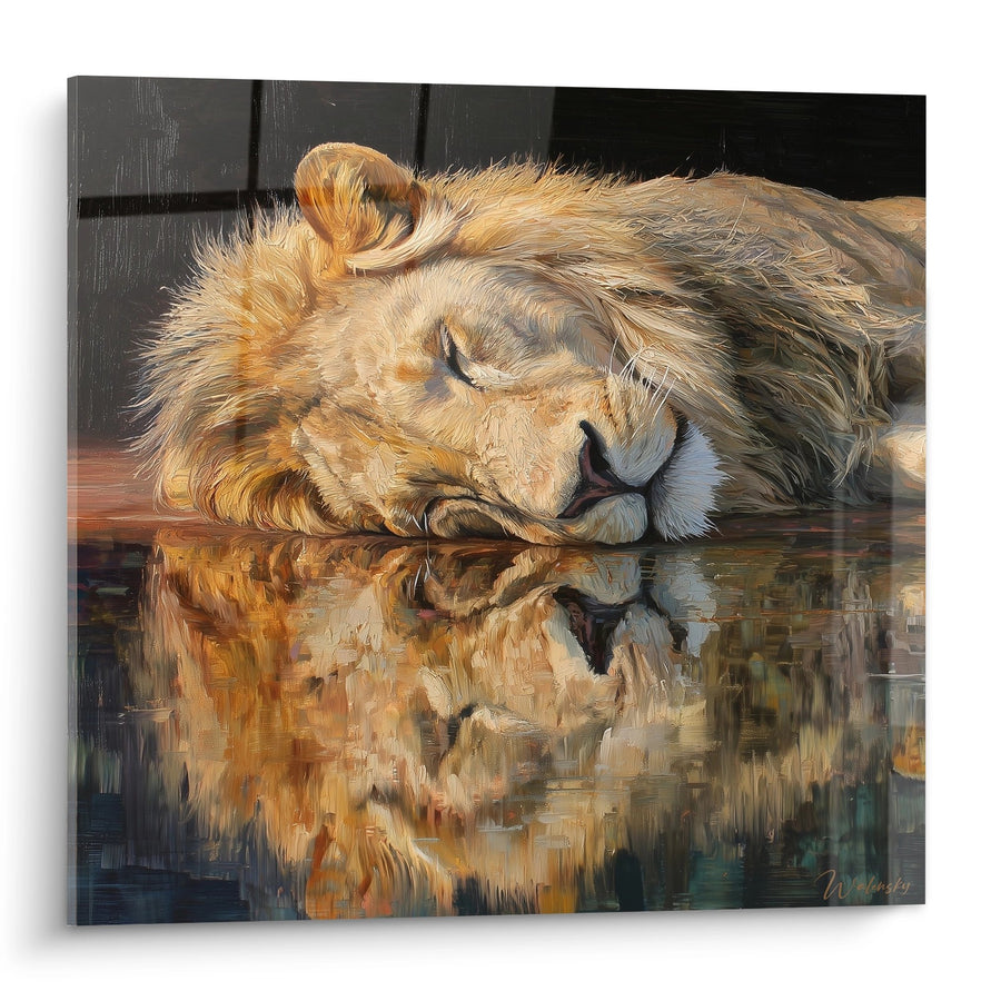 Tableau Lion Endormi au Bord de l'Eau Reflets Dorés - Sérénité Royale - Edition Lion