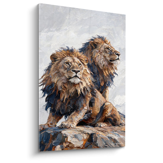 Tableau Deux lions fauve et gris sur un rocher - Garde du territoire - Edition Lion