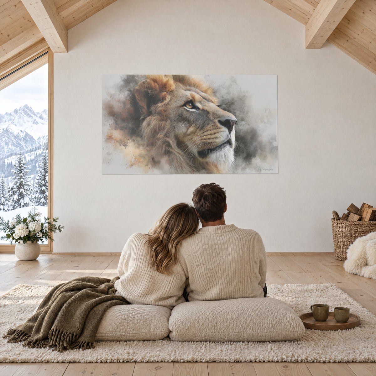 Tableau félin sauvage à l'œil doré, crinière caramel et nuées grises, couple de dos sur coussins, dans un chalet de montagne