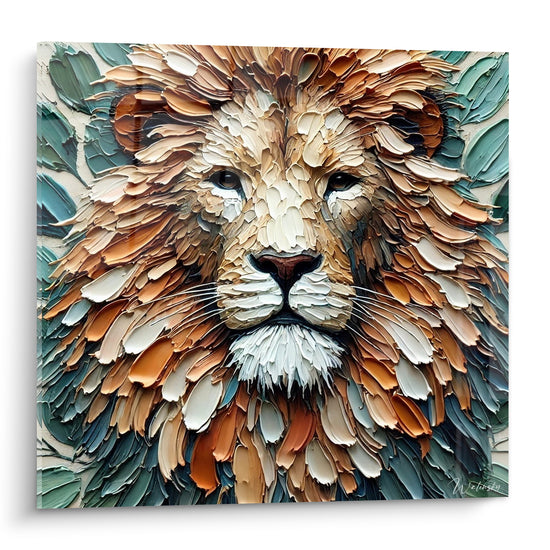 Tableau Lion à crinière fauve et sauge texturée - Regard du roi - Edition Lion