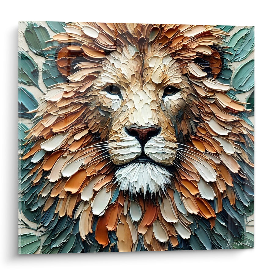 Tableau Lion à crinière fauve et sauge texturée - Regard du roi - Edition Lion