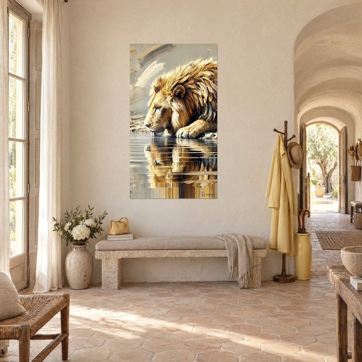 Wall art feline with a sand-colored mane lapping grey water, striped reflection, arched corridor of the farmhouse and stone bench in three-quarter view