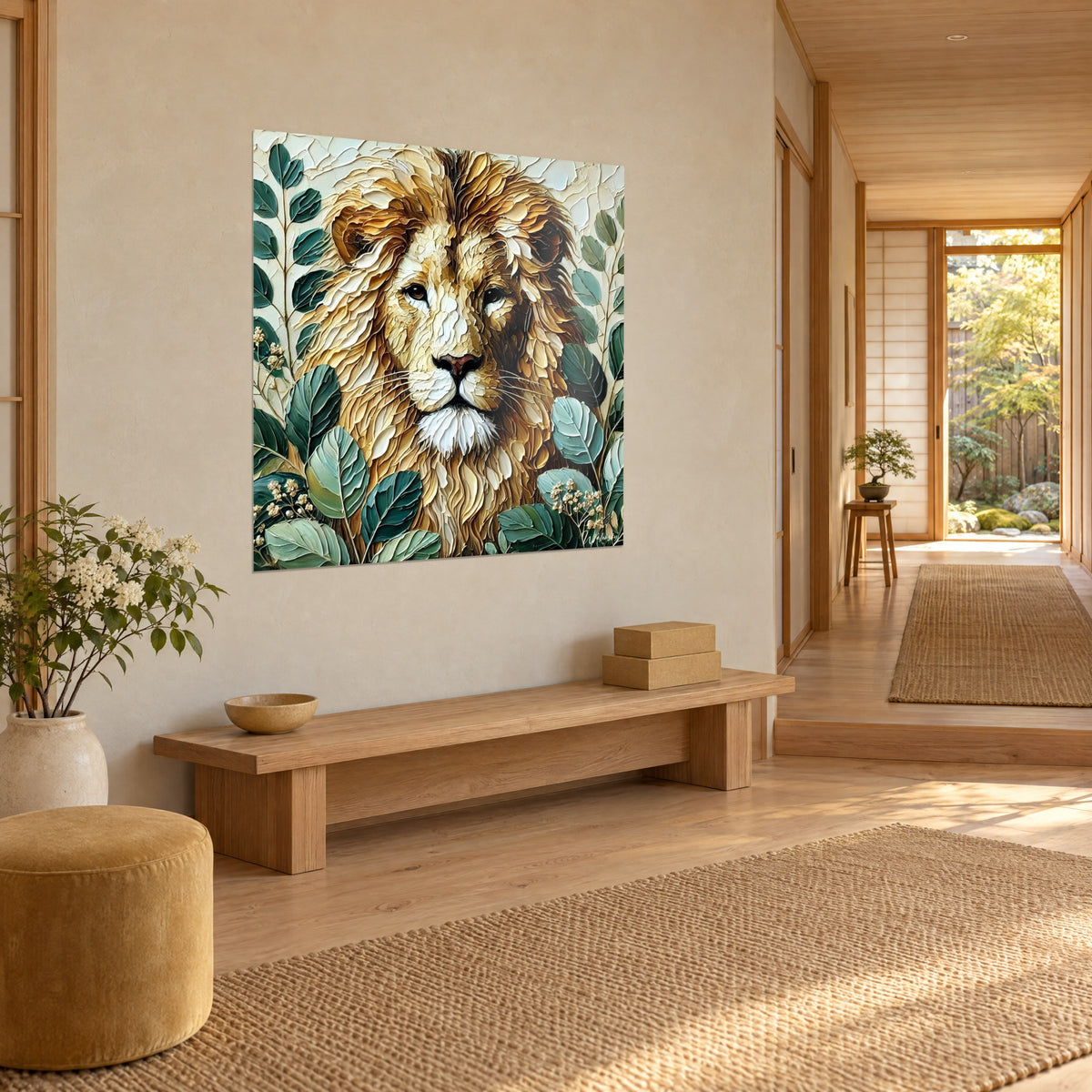 Tableau roi des animaux en pâte épaisse, museau ivoire et eucalyptus vert profond, mur beige près d'un banc en bois
