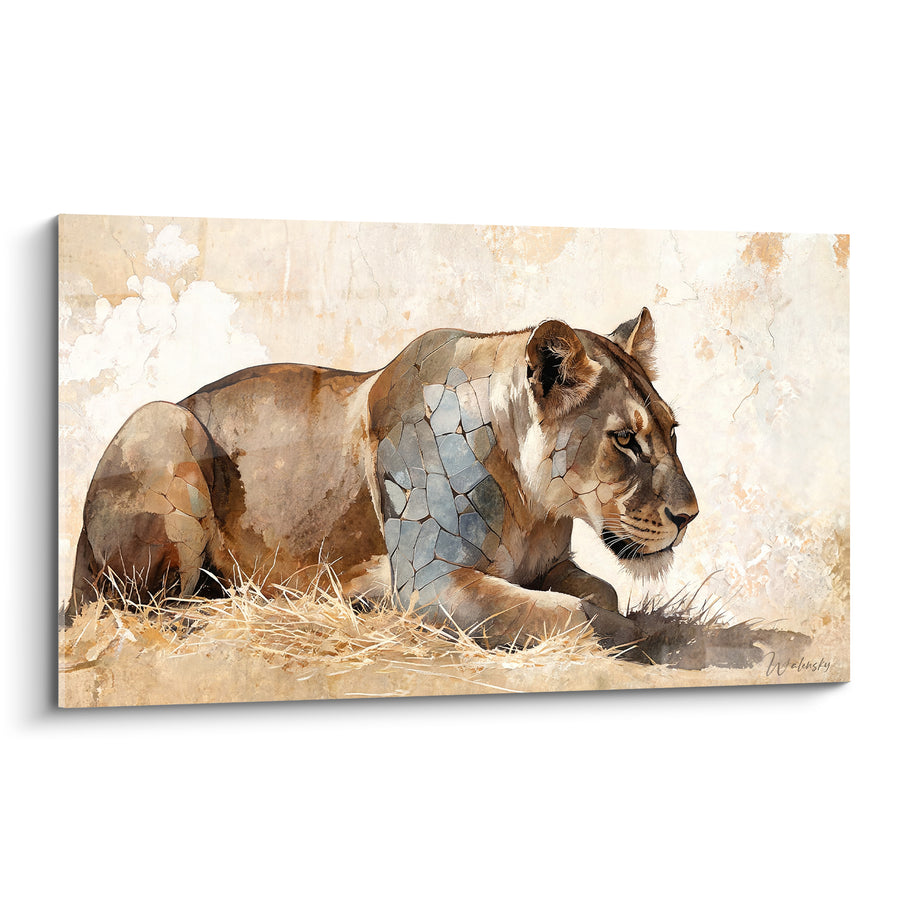 Tableau Lionne allongée aux motifs craquelés bleu-gris - Vigilance paisible - Edition lion