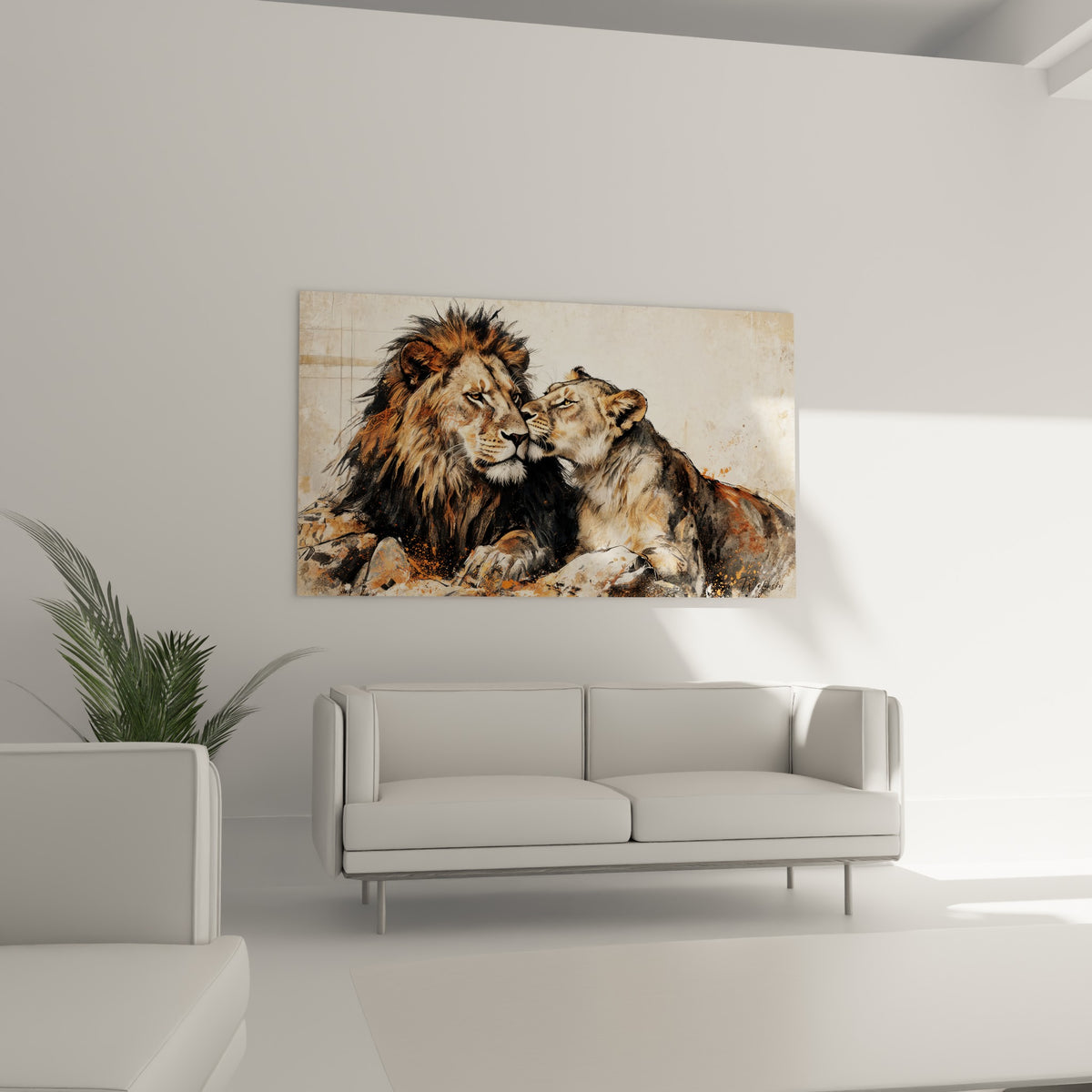 Lion et lionne tendres, nuances terracotta et brun doré, au-dessus d'un canapé dans un salon lumineux