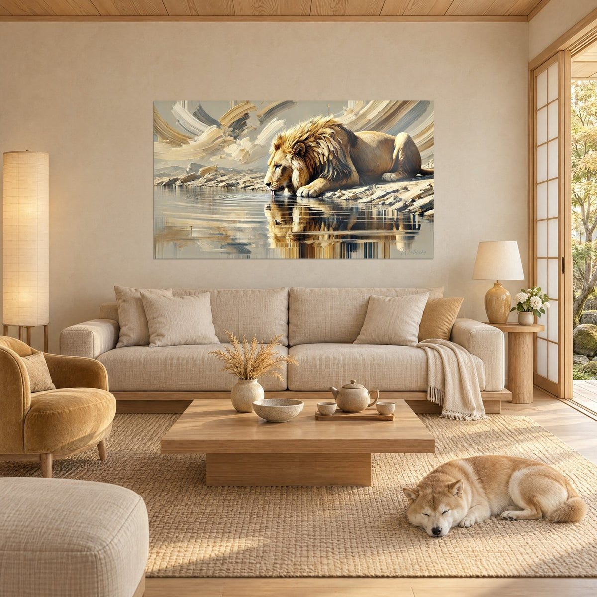 Wall art golden lion drinking at the water's edge, mane in beige and grey brushstrokes, sleeping Shiba, above a sofa in a bright living room