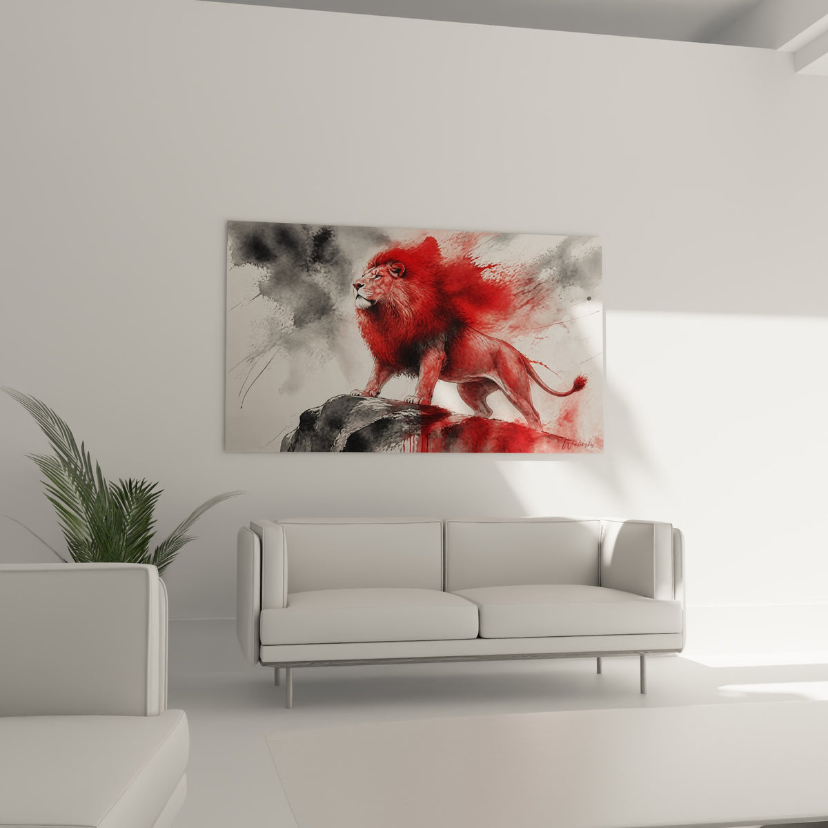 Prédateur à la crinière rouge sur fond gris fumé, suspendu au-dessus d'un canapé dans un salon lumineux