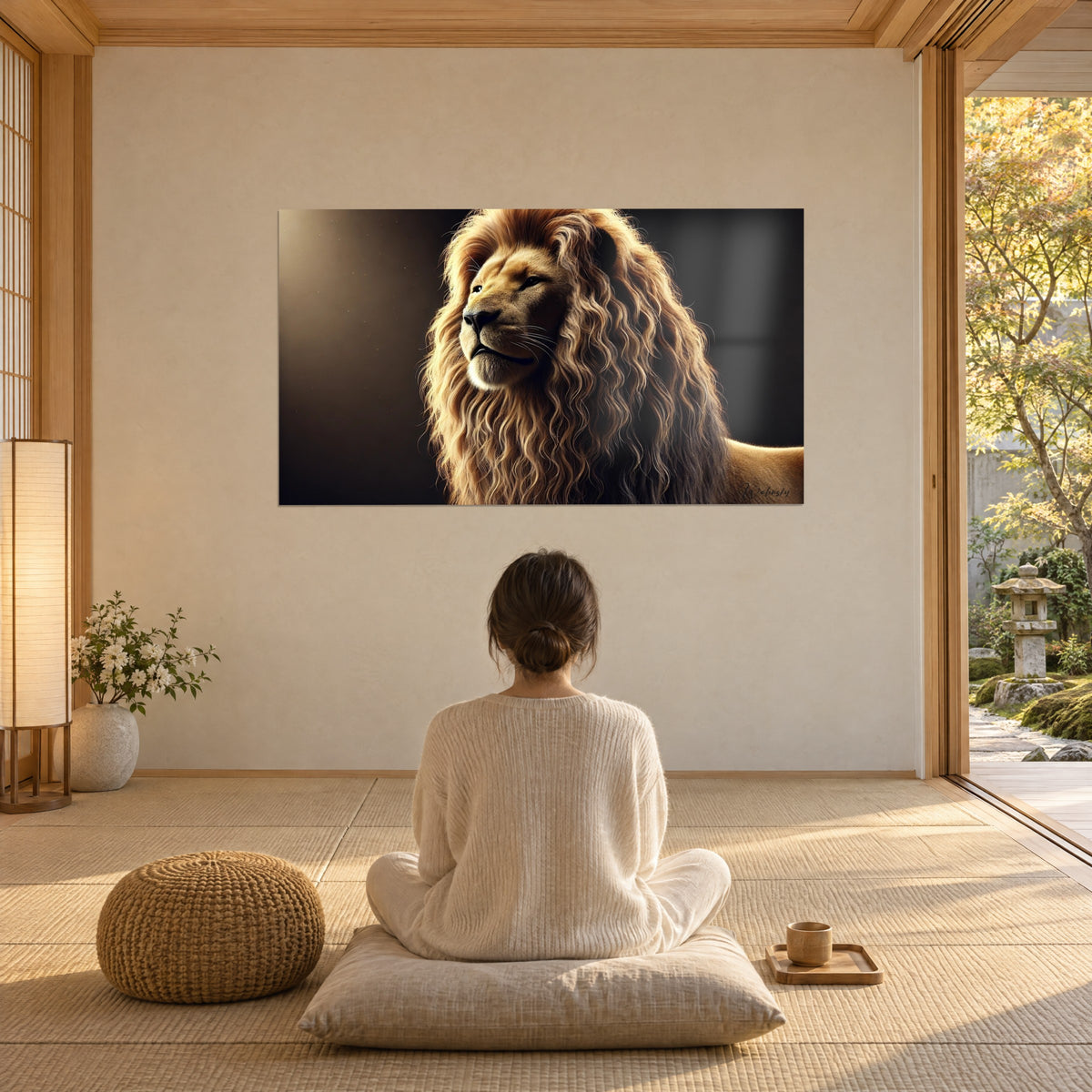 Tableau portrait de lion en lumière tamisée, crinière or et châtain sur noir, mur crème que contemple une femme assise sur un coussin