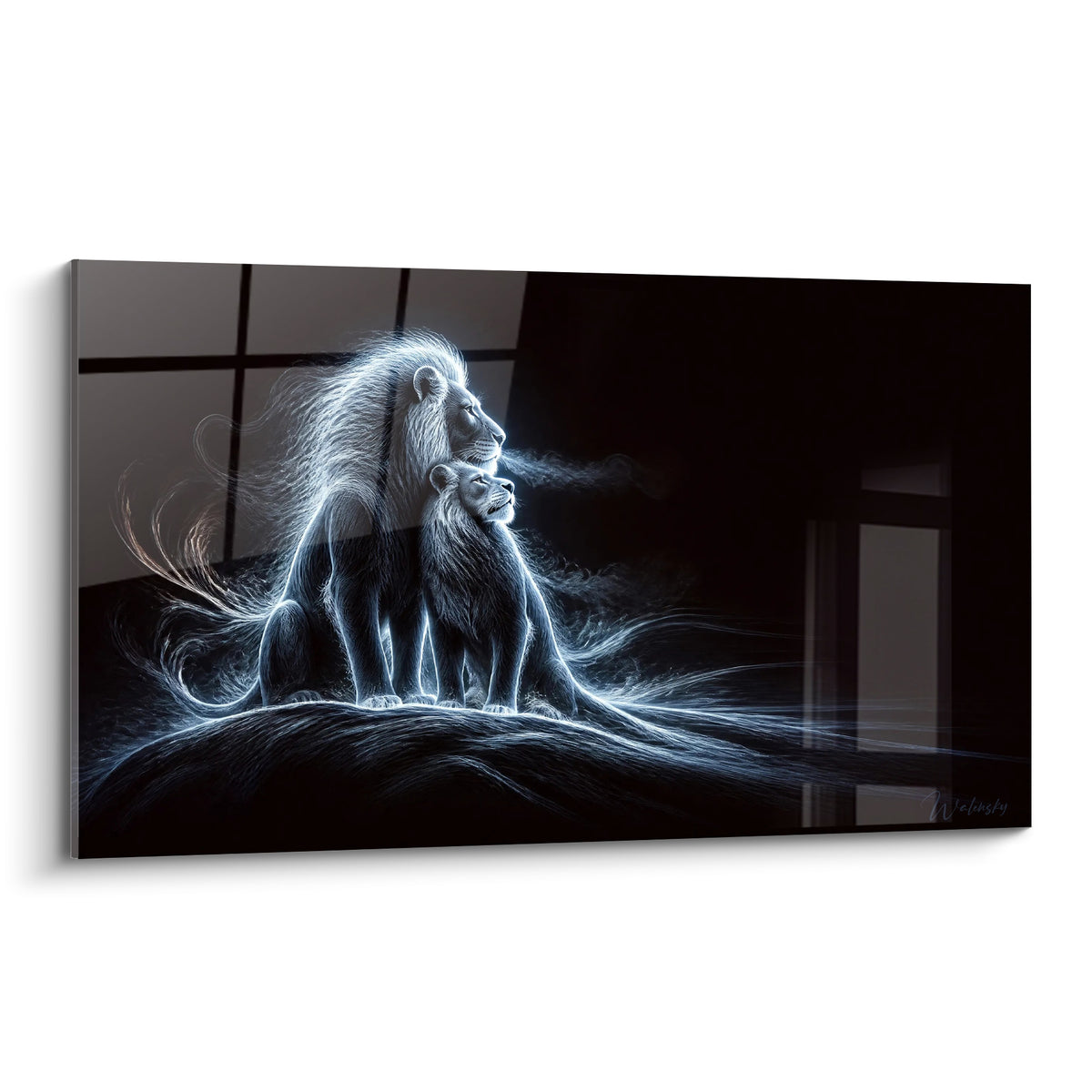 Lions père et petit en filaments bleu pastel se détachant d'un fond noir profond
