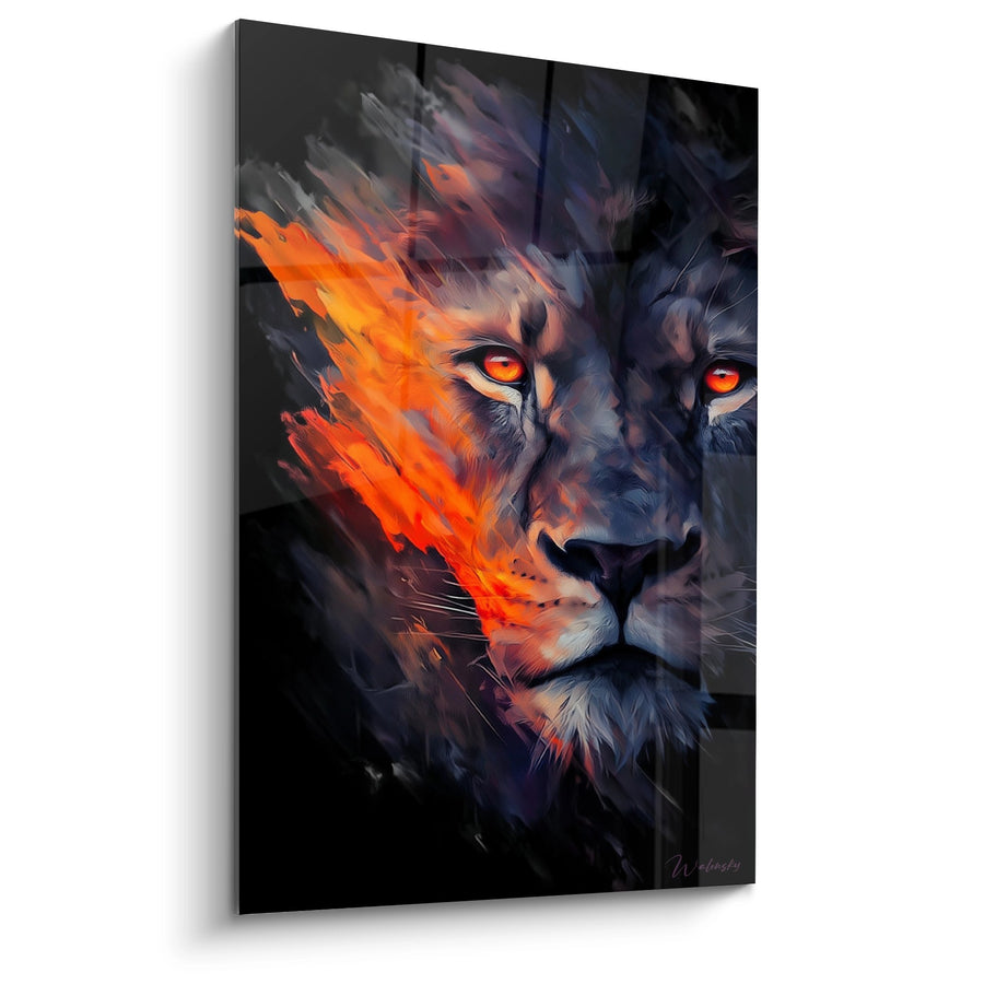 Tableau Lion Majestueux aux Flammes Orange et Regard Perçant - Le Roi des Flammes - Edition Lion
