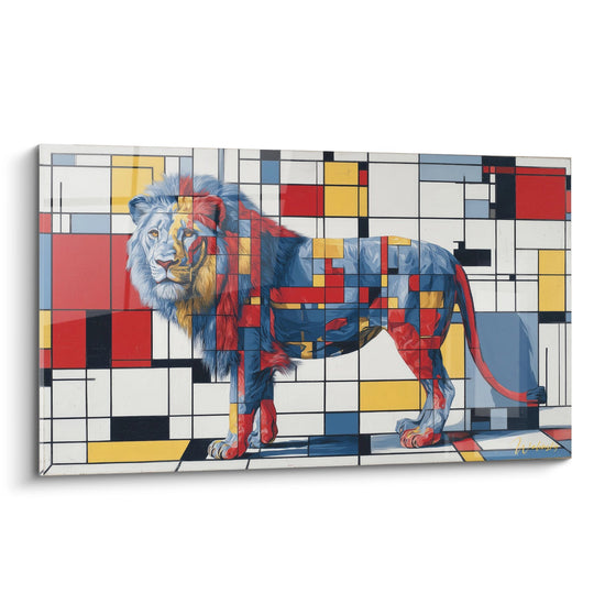 Leeuw Schilderij Blauw en Rood op Multicolor Geometrisch Raster - Gevangenis Wilde Kat - Editie Leeuw