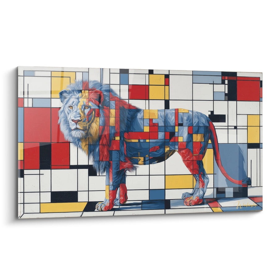 Tableau Lion Bleu et Rouge sur Grille Géométrique Multicolore - Fauve Contemporain - Edition Lion