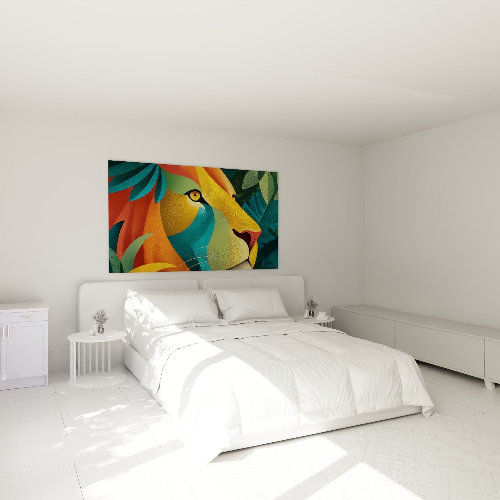 Geometrisches Löwe-Gemälde orange türkis im modernen Schlafzimmer künstlerische Wanddekoration