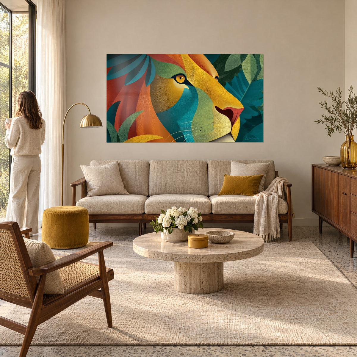 Schilderij van een leeuwin met oranje manen en eendenblauwe veren, strakke amberkleurige ogen, vrouw van achteren, boven een bank in een lichte woonkamer