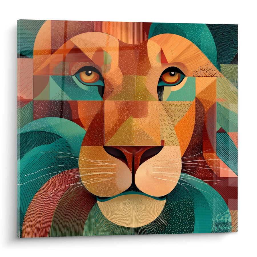 Tableau Lion Géométrique Coloré aux Tons Orange et Turquoise - Majesté Moderne - Edition Lion