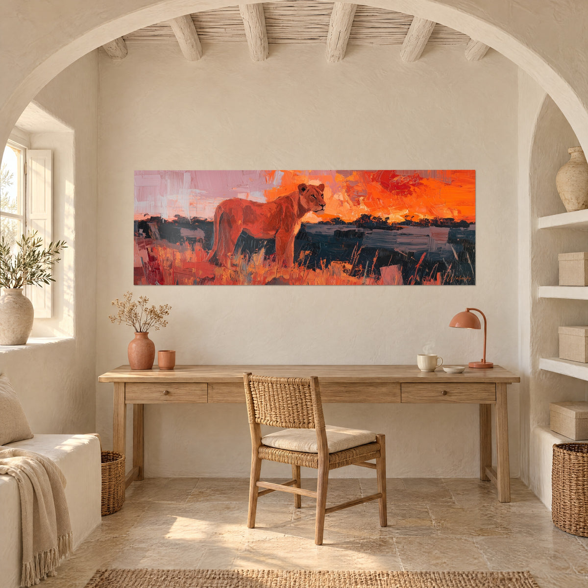 Schilderij leeuwin in olieverf, vlammende oranje en mauve lucht, gouden gras, boven een houten bureau