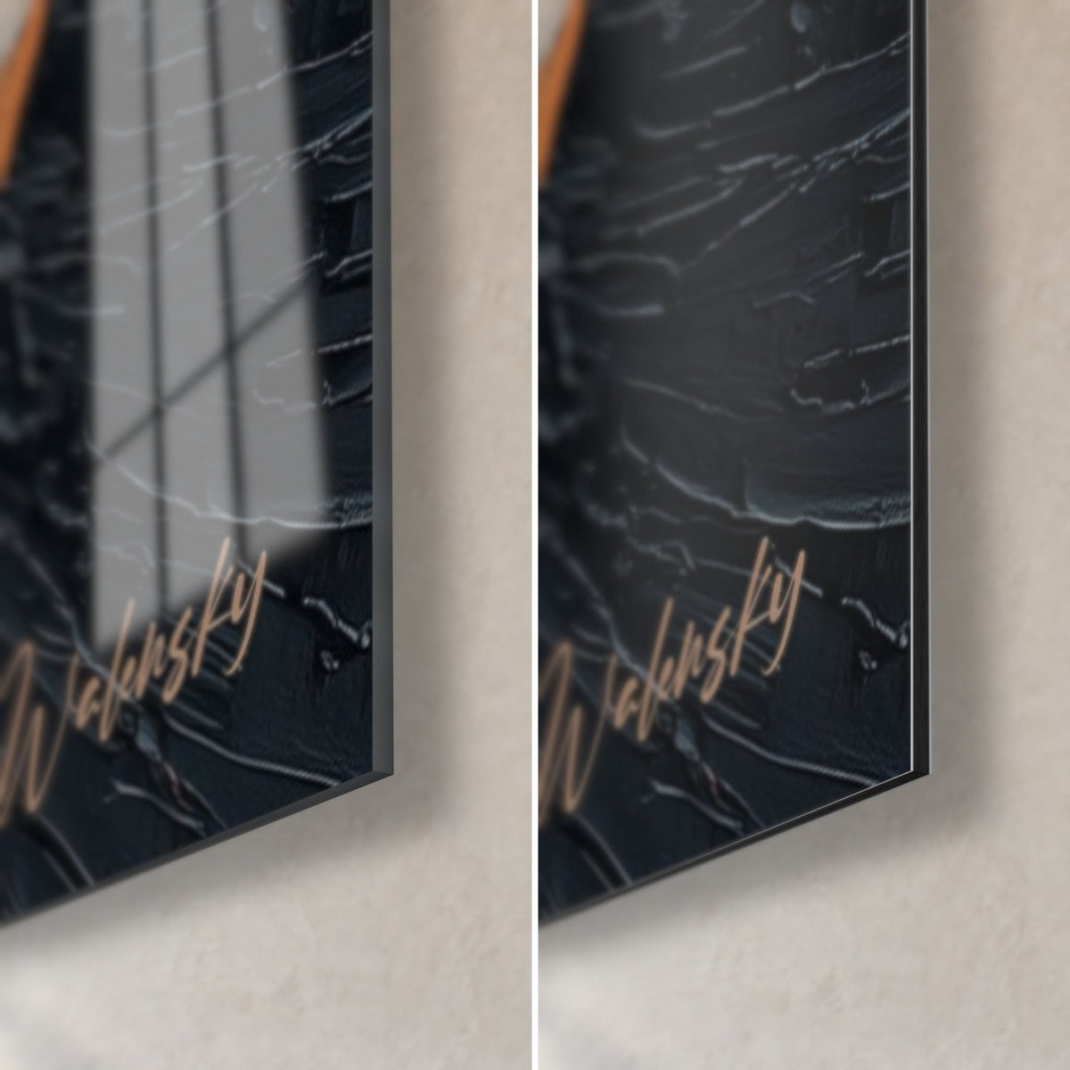 Schilderij roofkat met oranje manen in dik impasto, rechter onderhoek: glanzend glas links, mat zwart Dibond rechts, rand van 3 mm