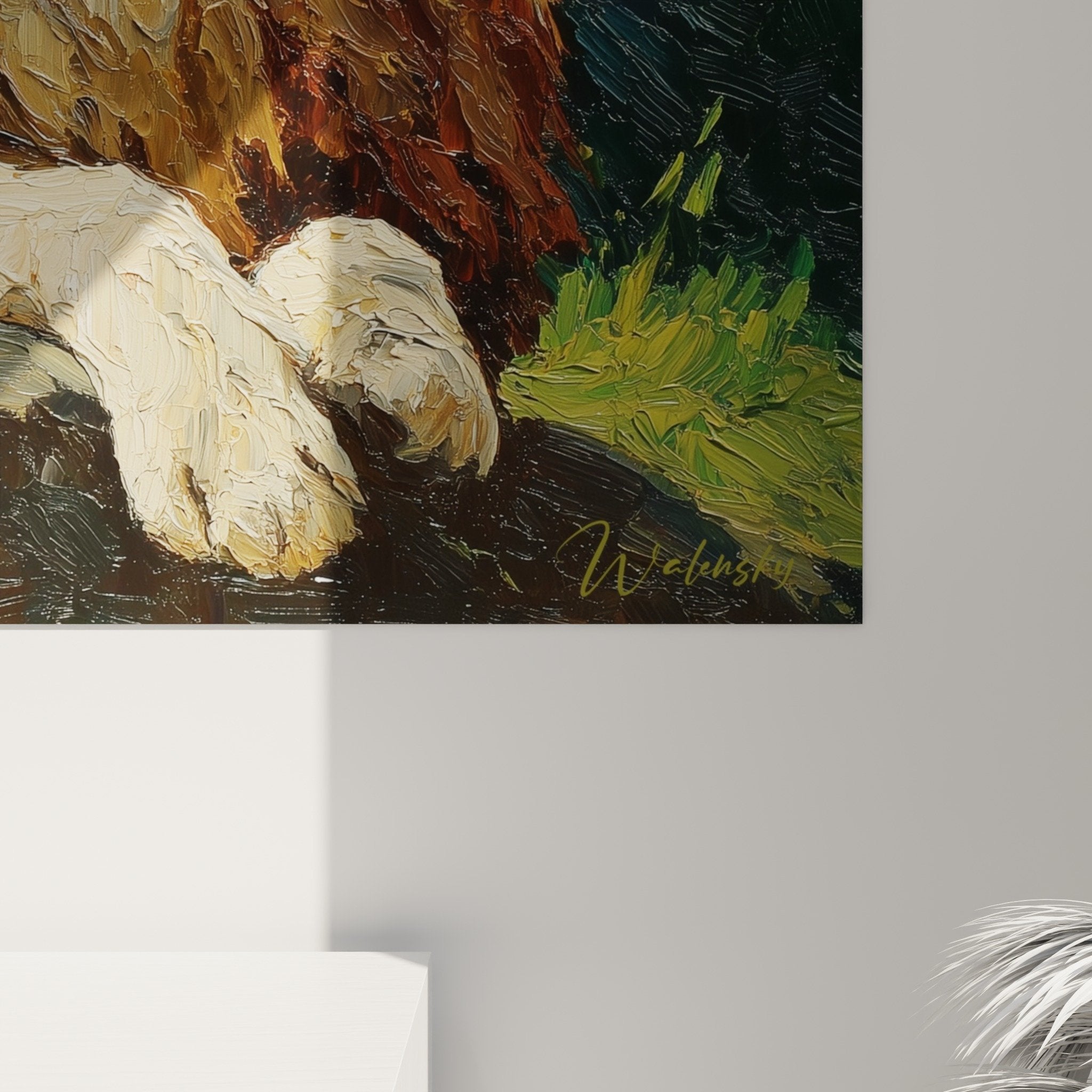 Overview of the lion painting in a contemporary interior with natural lighting