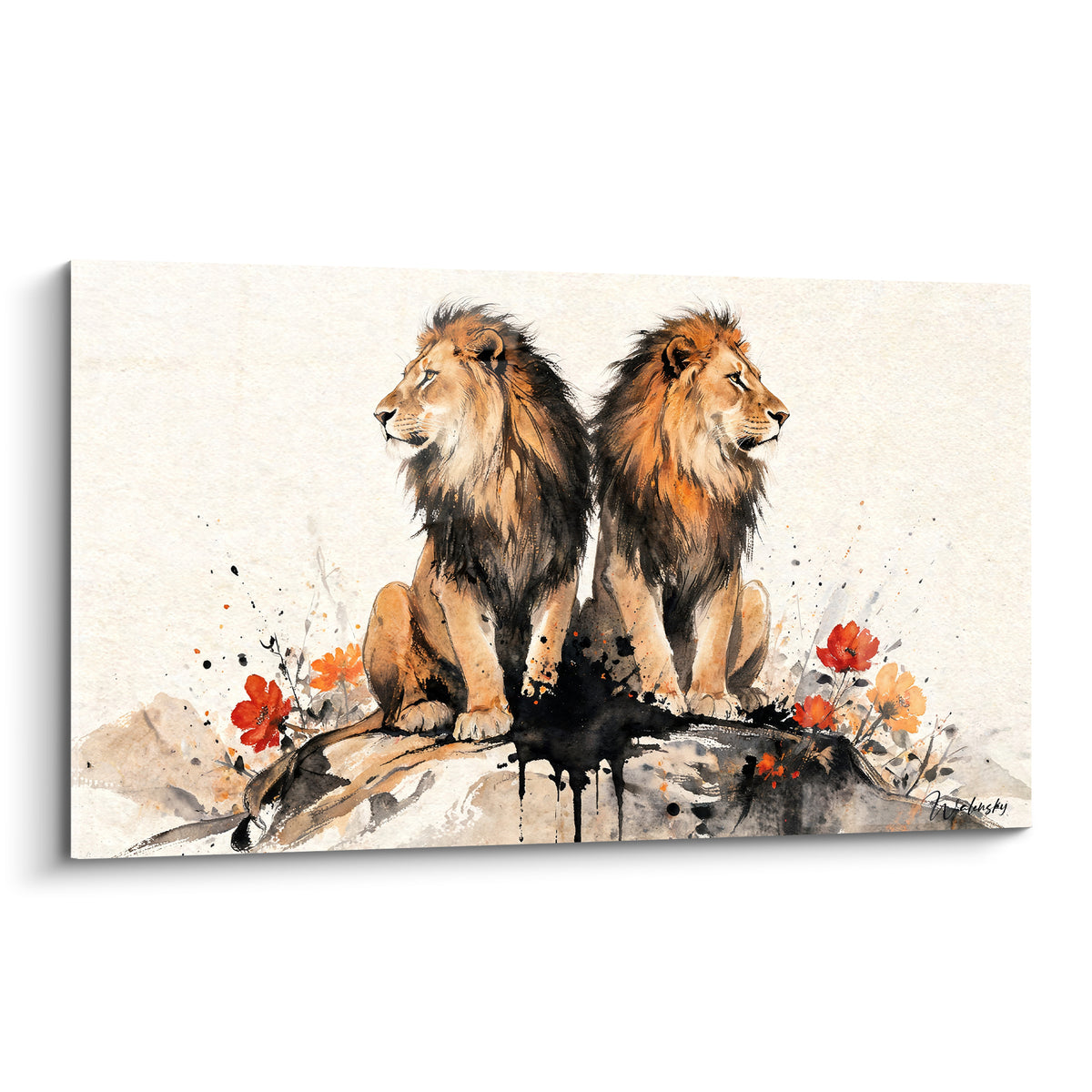 Deux lions assis dos à dos, crinières fauve et noire, fleurs rouges en aquarelle sur fond ivoire