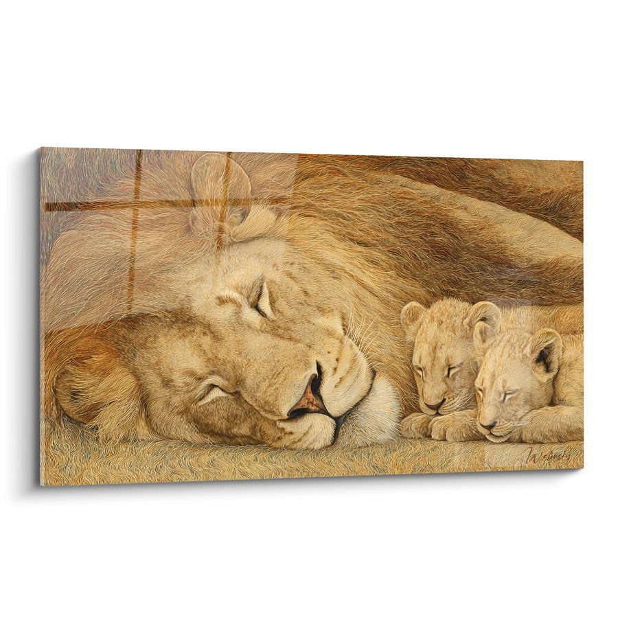 Tableau Lion et Lionceau Endormis Tons Dorés - Tendresse Sauvage - Edition Lion