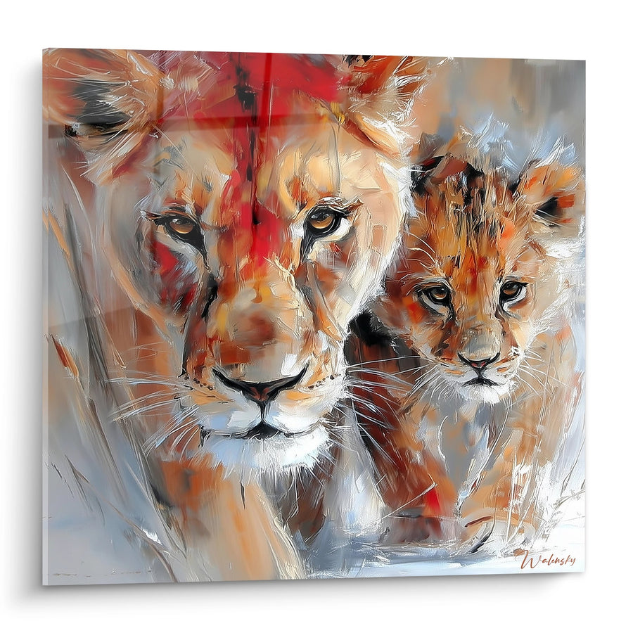 Tableau Lion et Lionceau aux Tons Chauds Dorés et Rouges - Complicité Sauvage - Edition Lion