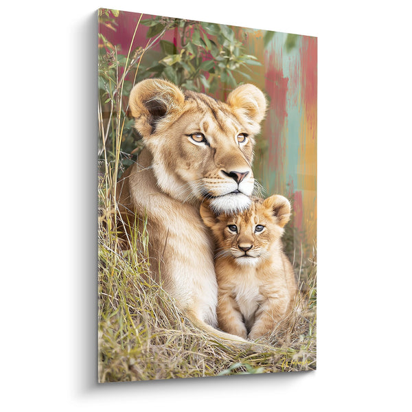 Gemälde Löwin und ihr Junges im goldenen hohen Gras - Wilde Zärtlichkeit - Lion Edition