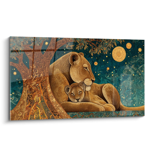 Quadro Leonessa e Leoncino Mosaico Dorato su Fondo Turchese Stellato - Tenerezza Notturna - Edizione Leone