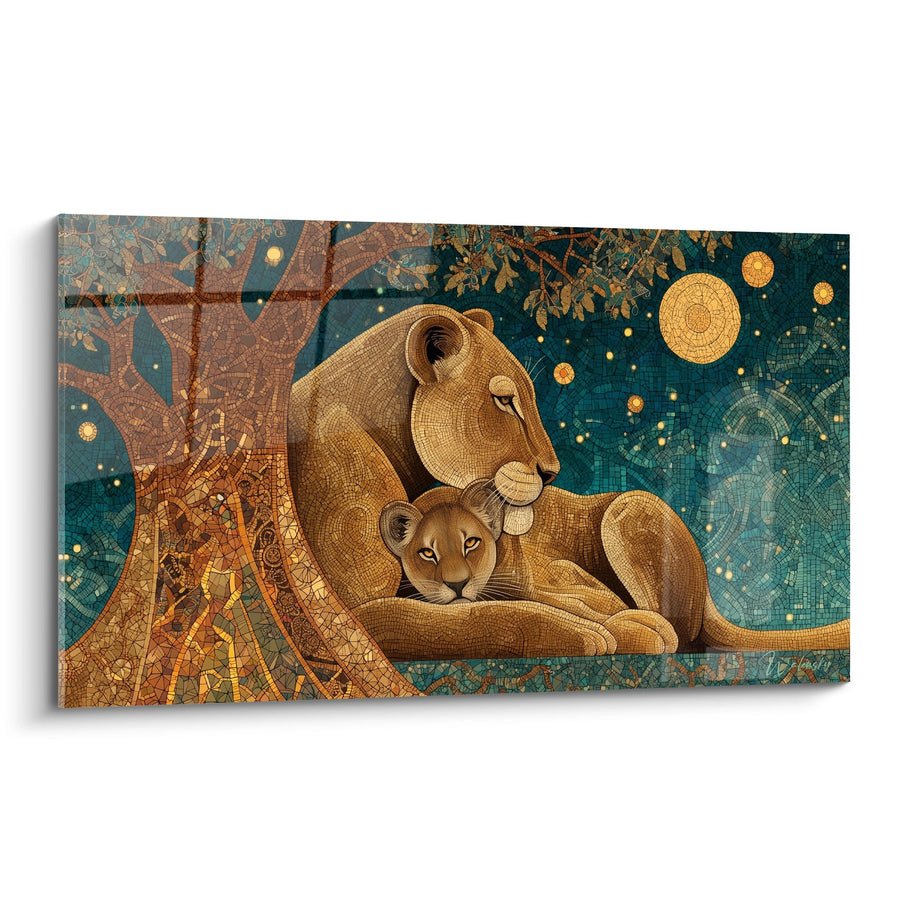 Tableau Lionne et Lionceau Mosaïque Dorée sur Fond Étoilé Turquoise - Tendresse Nocturne - Edition Lion
