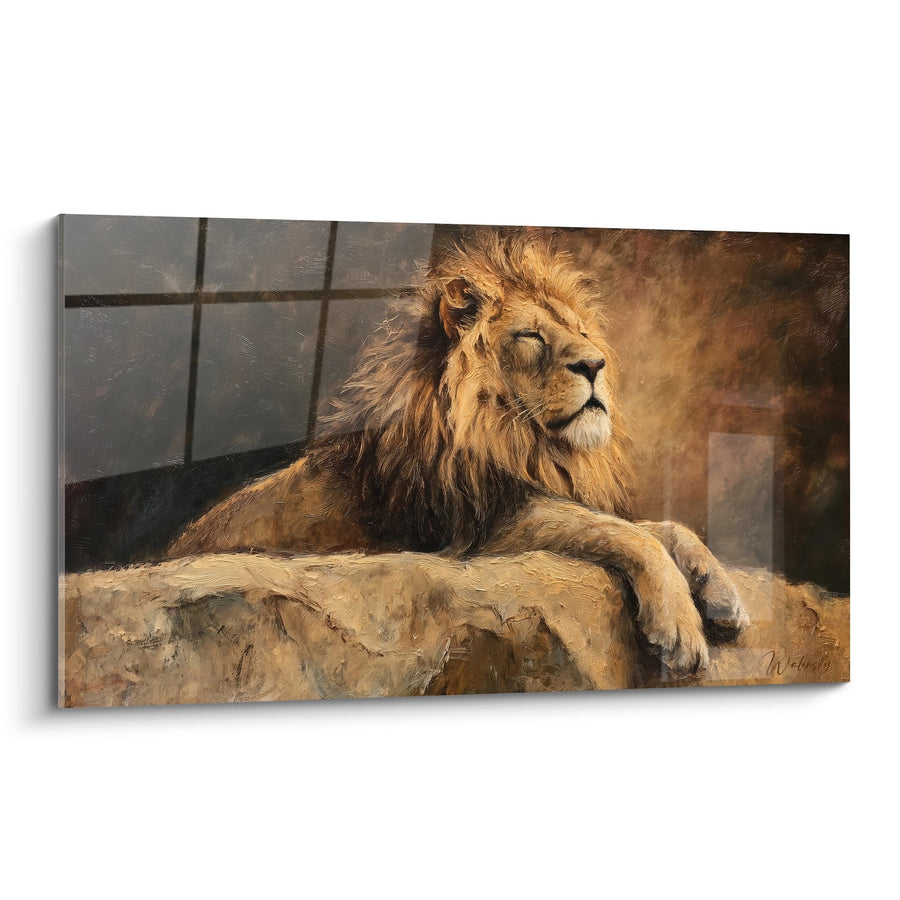 Tableau Lion Majestueux aux Tons Dorés sur Rocher - Roi Contemplatif - Edition Lion