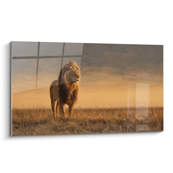 Cuadro de león majestuoso melena dorada sabana puesta de sol - Rey de la Sabana - Edición León
