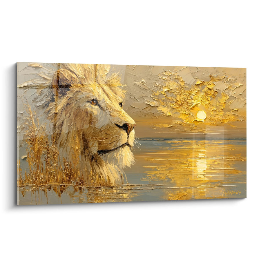 Tableau Lion Majestueux aux Tons Dorés Contemplant un Coucher de Soleil Doré - Roi des Fauves - Edition Lion