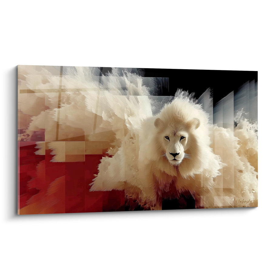 Tableau lion majestueux aux teintes dorées et rouges écarlates - Roi des Savanes - Edition Lion