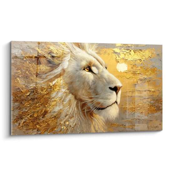 Quadro leone maestoso profilo dorato texture fluide sguardo ambra criniera dorata beige crema