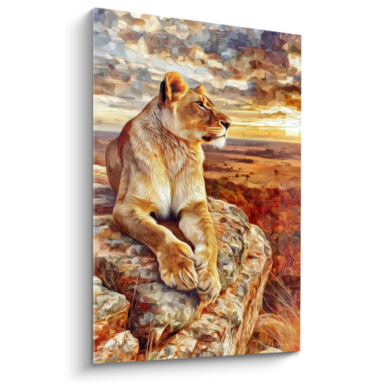 quadro leone maestoso appollaiato roccia deserto paesaggio dorato ocra art murale fauvista re savana