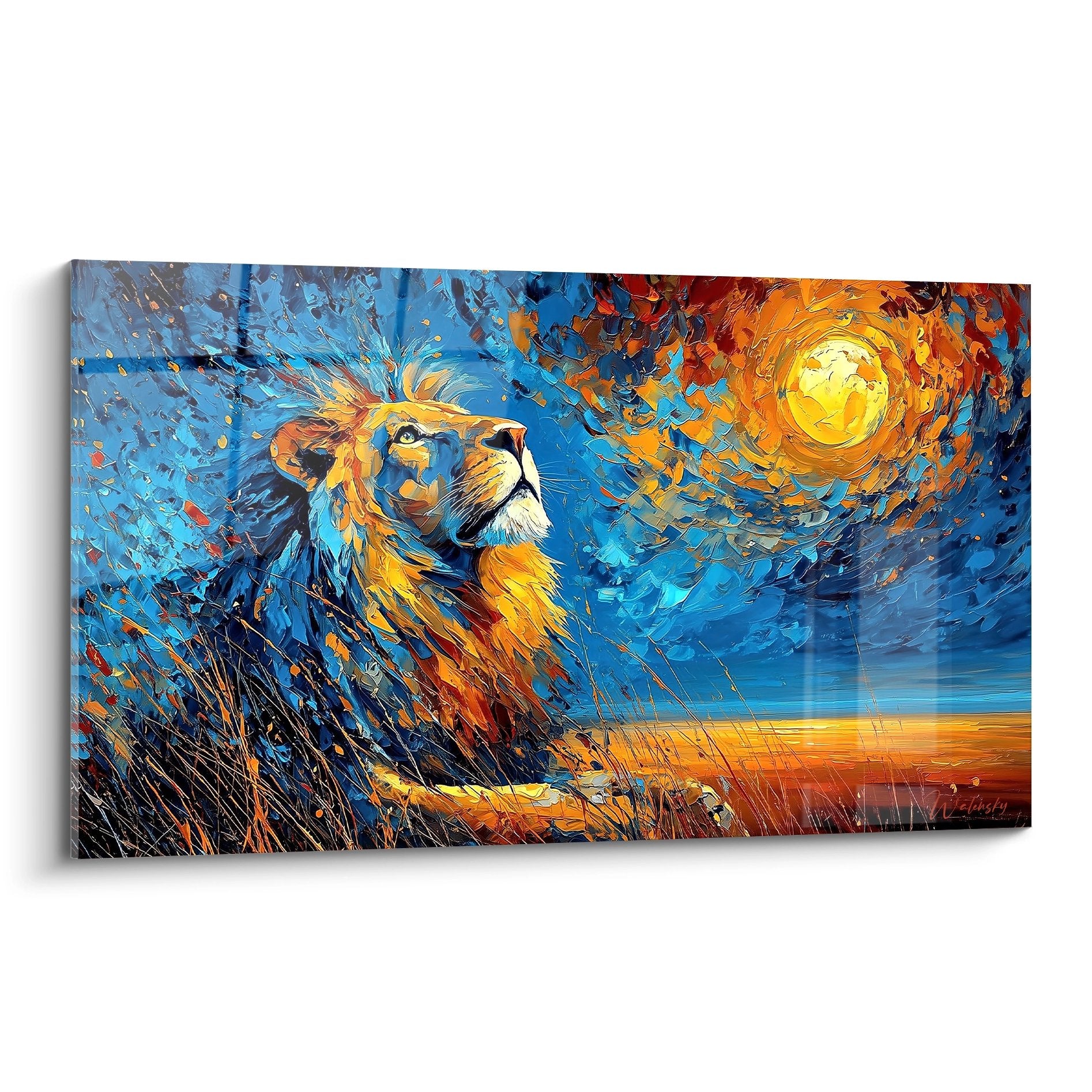 Tableau lion majestueux couleurs bleues orangees style expressionniste regard contemplatif criniere doree