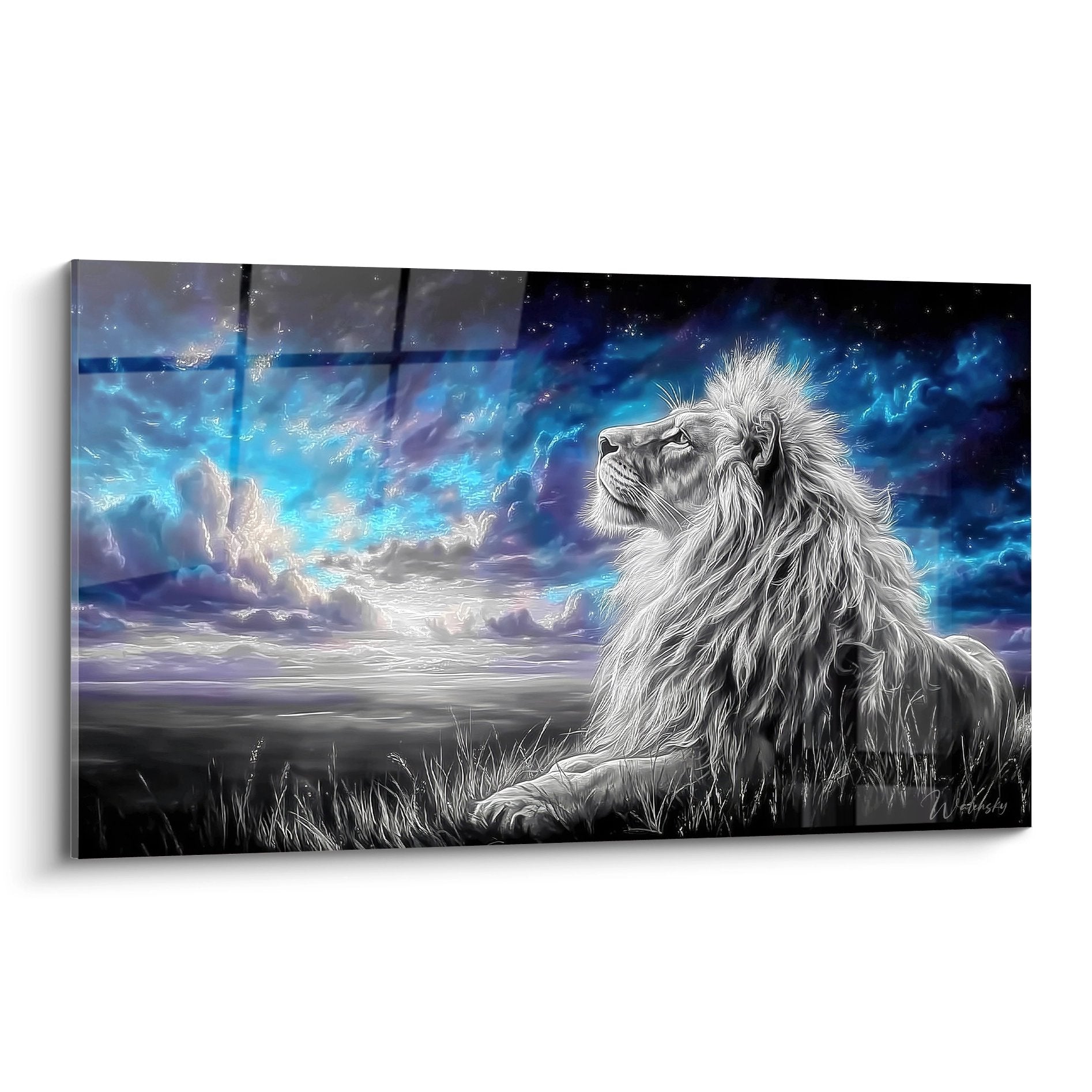 Tableau lion majestueux contemplant ciel etoile bleu profond et blanc avec criniere argentee