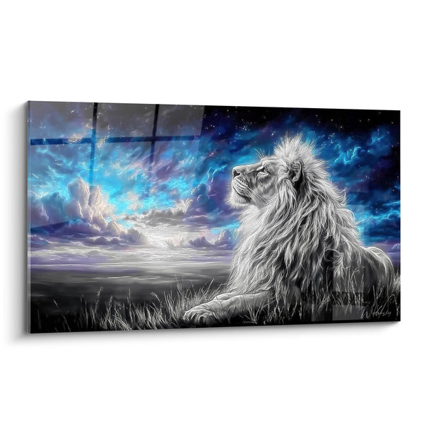 Quadro Leone Maestoso Che Contempla Cielo Stellato Blu e Bianco - Sguardo Verso l'Infinito - Edizione Leone