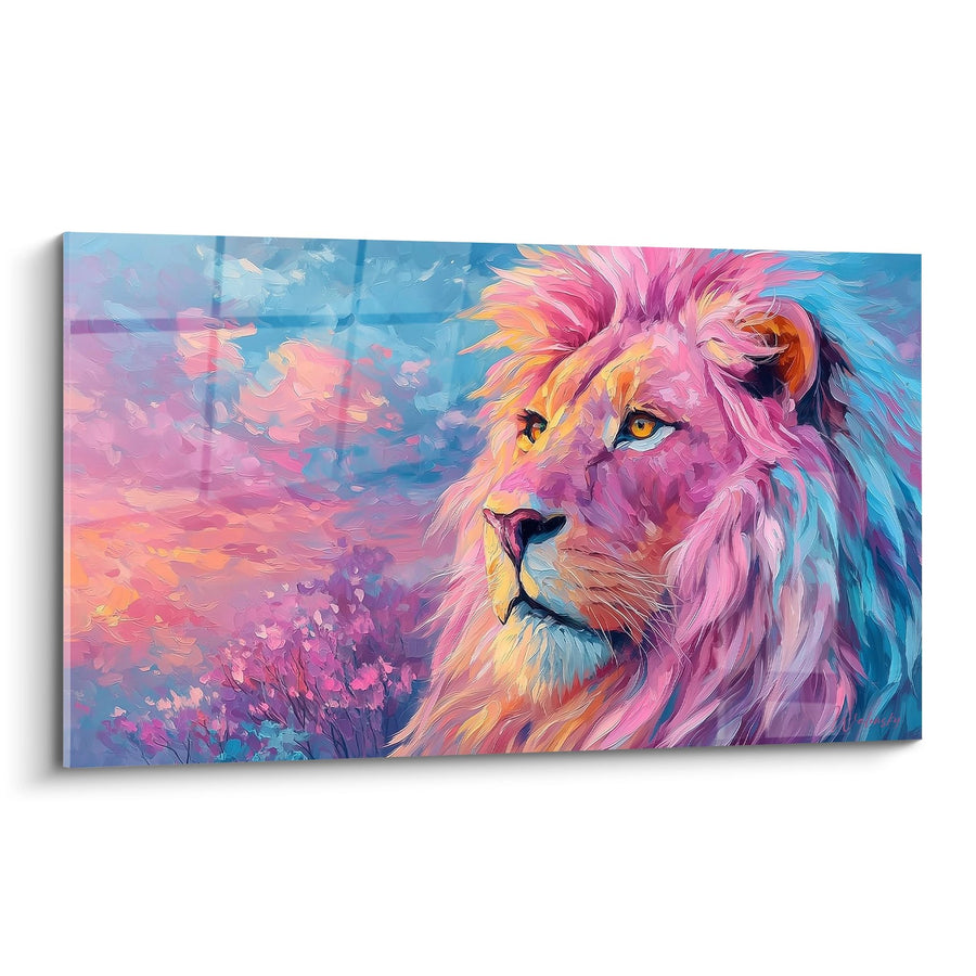 Tableau Lion Majestueux aux Couleurs Pastel Rose et Bleu - Roi Coloré - Edition Lion