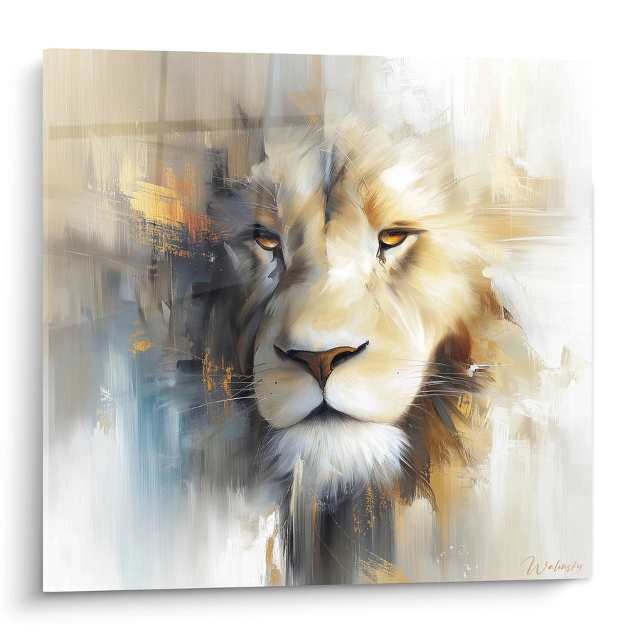 Tableau Lion Majestueux aux Tons Dorés et Bleutés - Regard Intense - Edition Lion