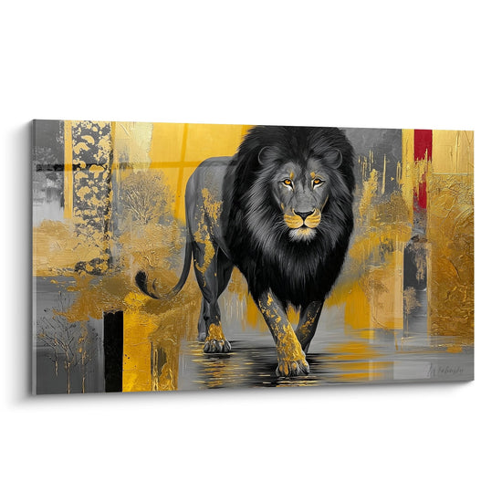 Tableau mural lion majestueux criniere noire sur fond abstrait dore gris rouge art moderne