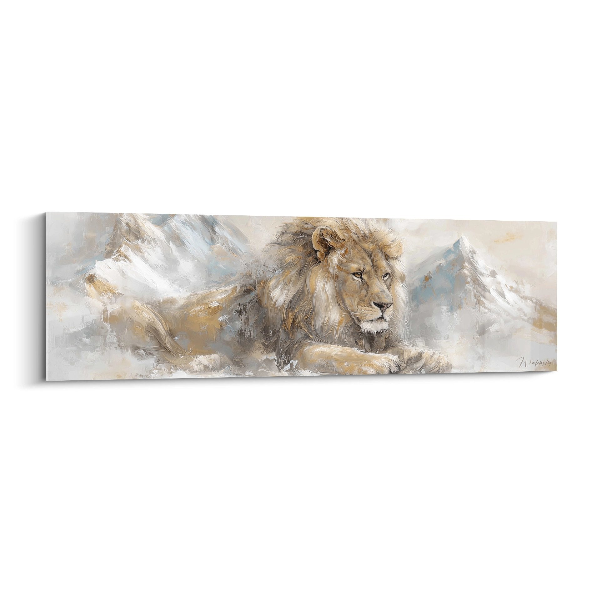Majestic lying lion golden beige tones misty mountainous landscape soft artistic style