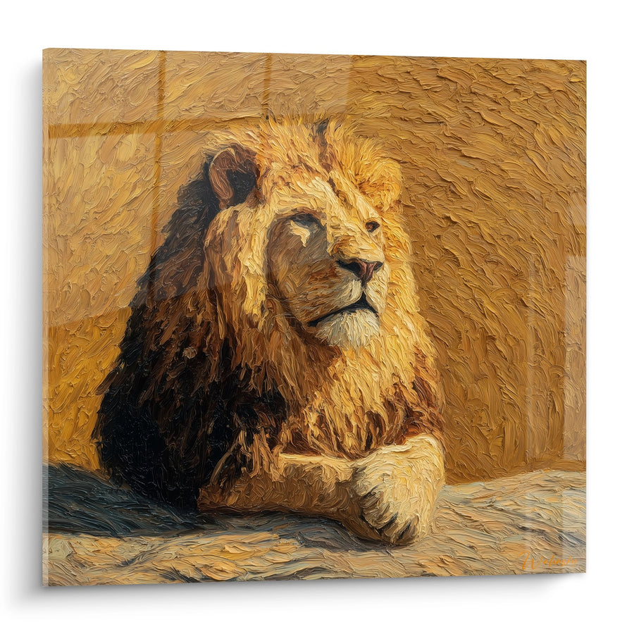 Tableau Lion Majestueux aux Tons Dorés et Ocre - Regard Noble - Edition Lion