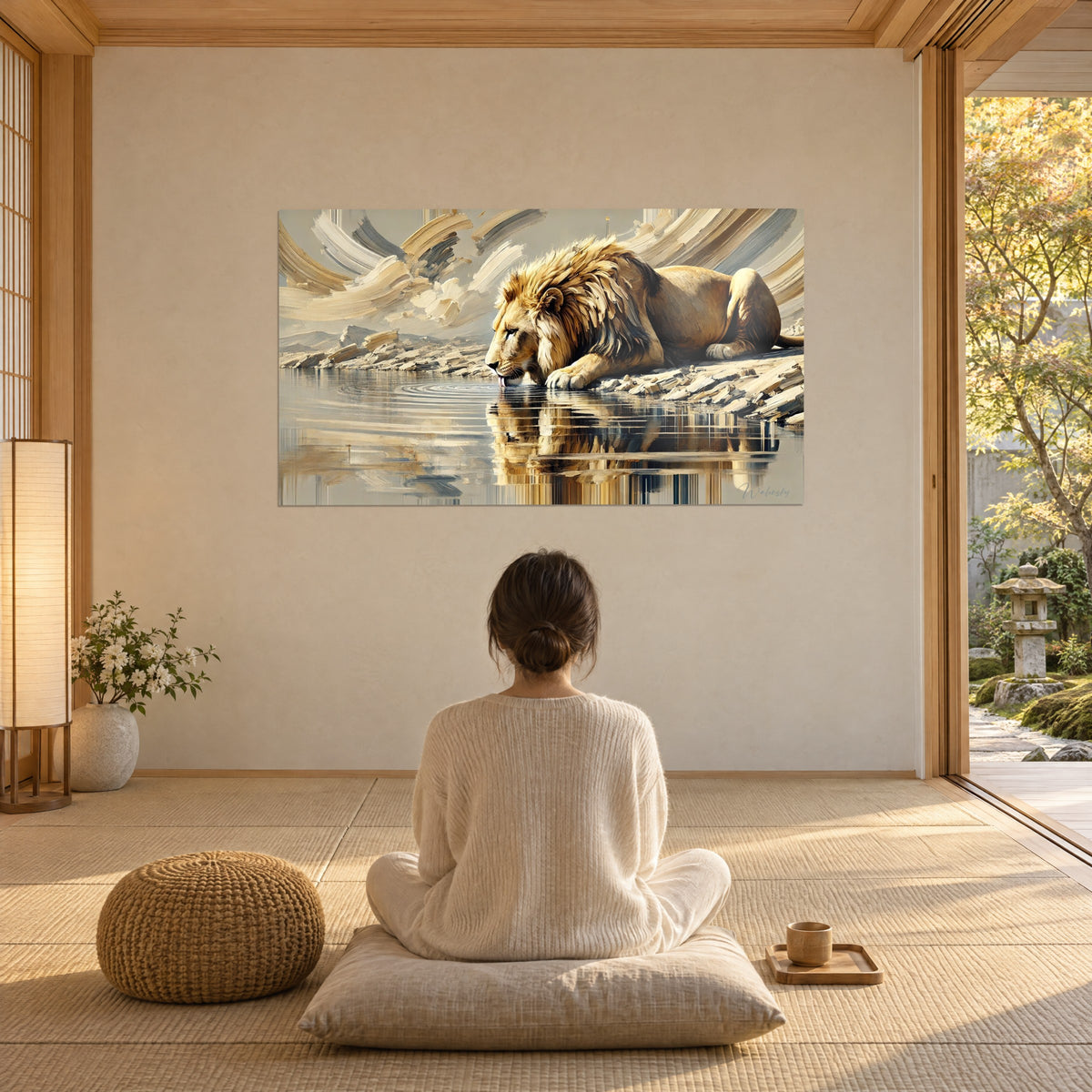 Tableau lion majestueux face à son reflet doré, coups de pinceau crème et gris perle, rochers pâles, une femme de dos assise en méditation