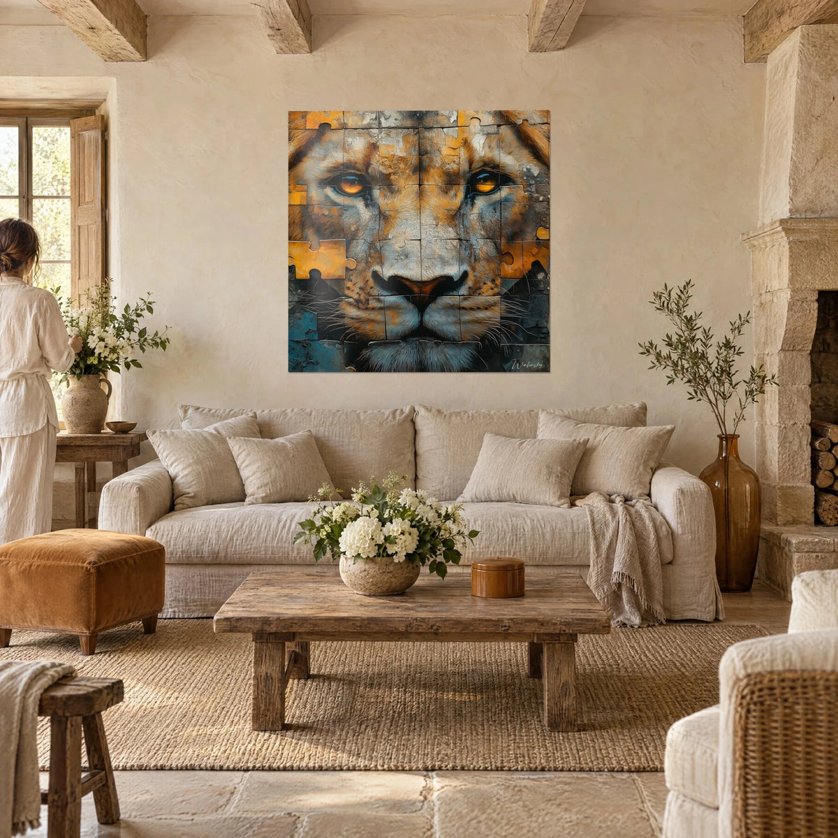 Tableau lion au regard ambré en puzzle craquelé, bleu pétrole et orange, spectatrice de dos, au-dessus d'un canapé dans un salon lumineux