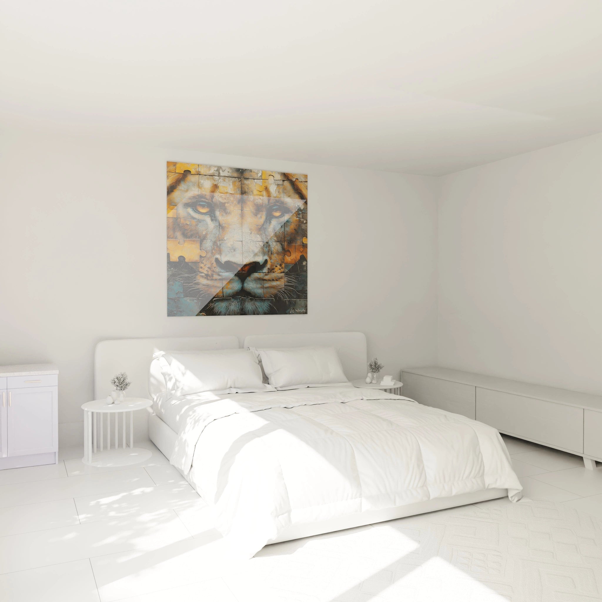 Tableau lion Walensky accroché au-dessus d'un lit blanc dans une chambre lumineuse et moderne