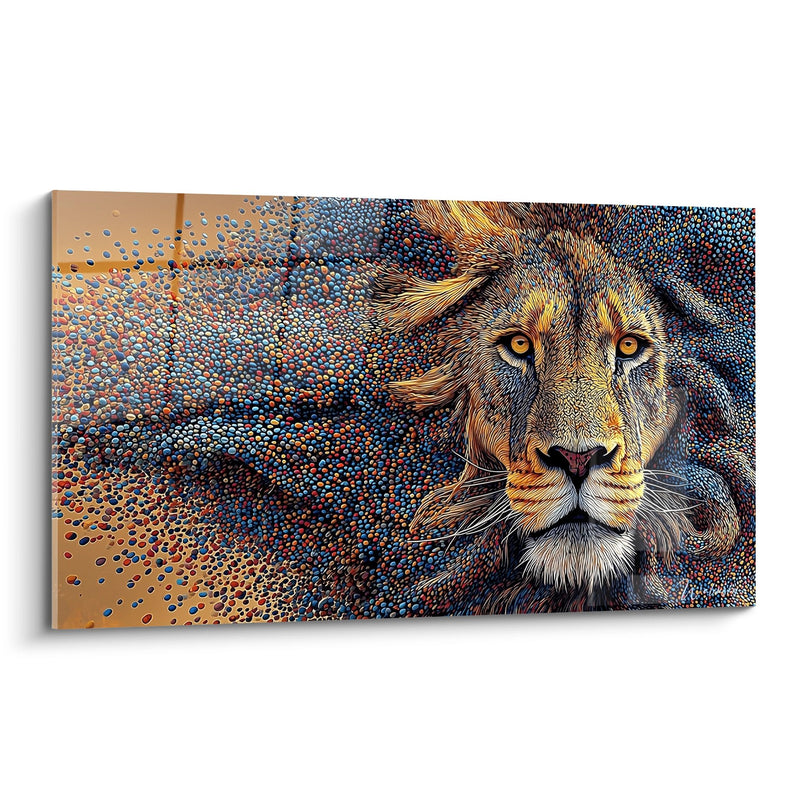 Löwe Mosaik Gemälde Gold mit Tausend farbigen Punkten - Fragmentierte Majestät - Edition Lion