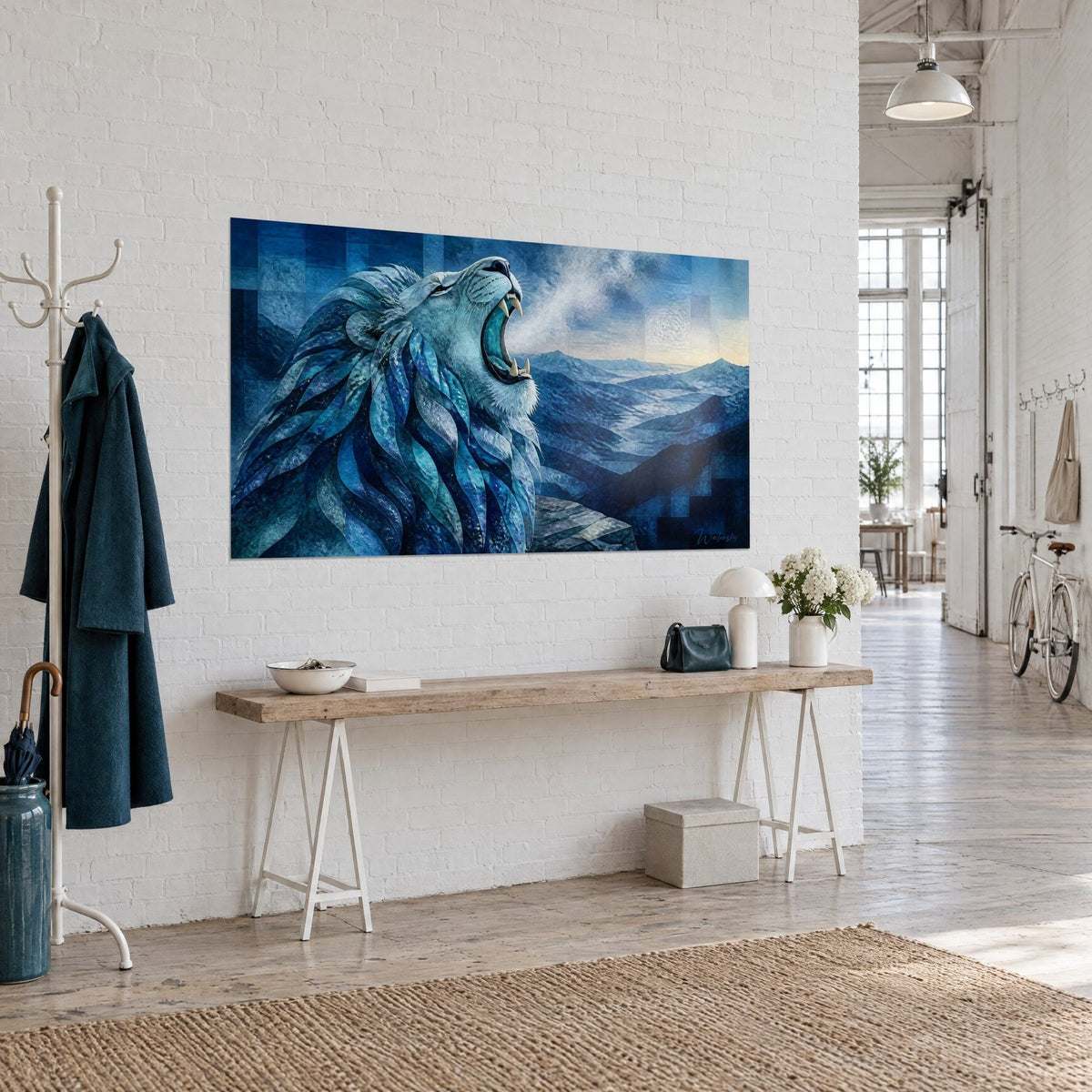 Wall art big cat with open jaws exhaling white mist, indigo and cyan mane, blue valleys, on a wall of white brick