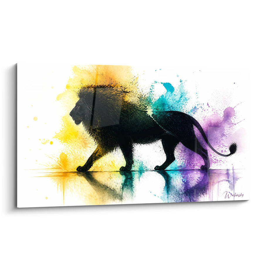 Tableau Lion noir aux éclaboussures jaunes et violettes - Traversée chromatique - Edition Lion