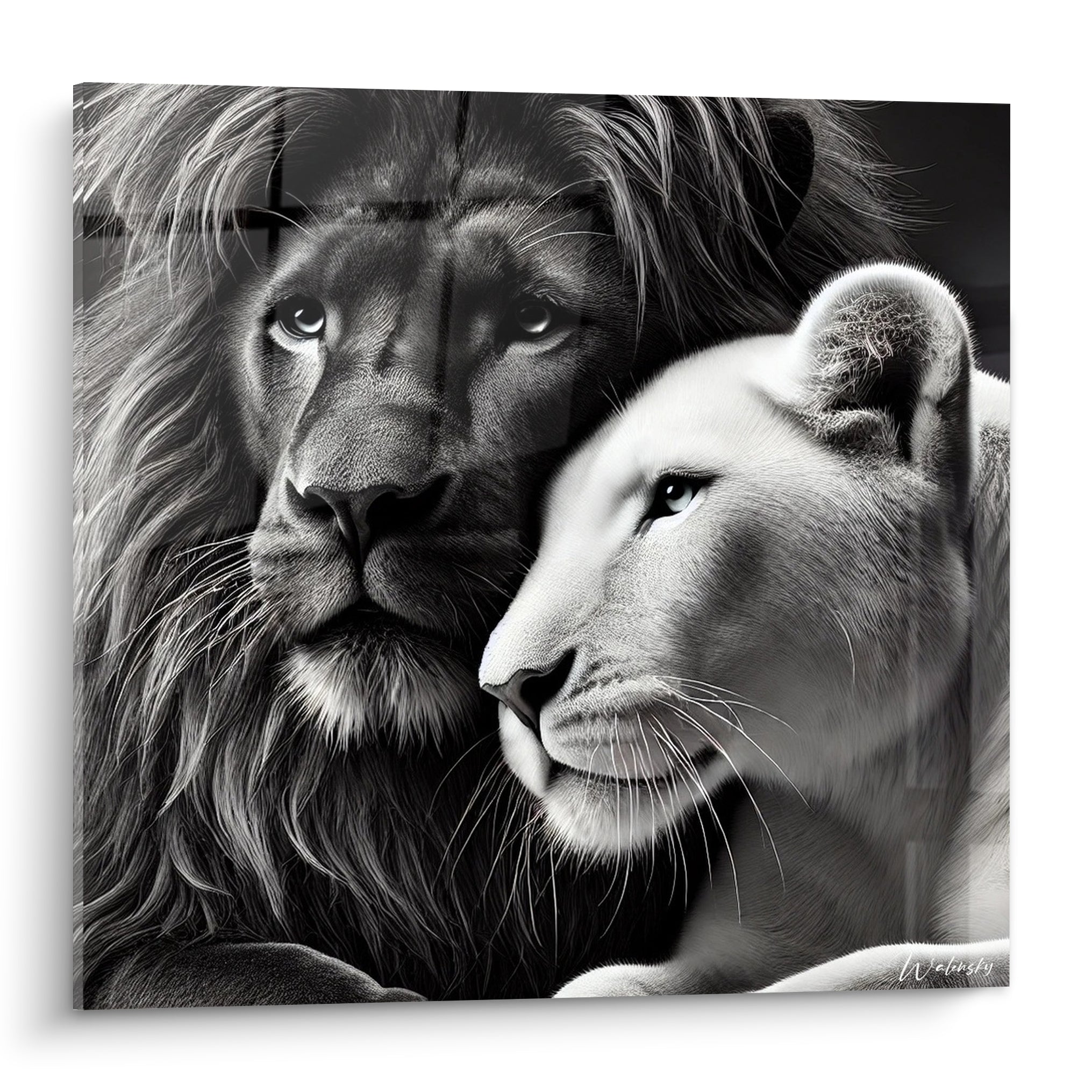 Lion et lionne enlacés en noir et blanc, crinière sombre et pelage clair, regards intenses