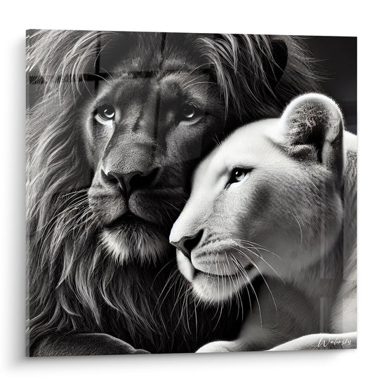 Tableau Lion et lionne noir et blanc tendres - Tendresse sauvage - Edition Lion